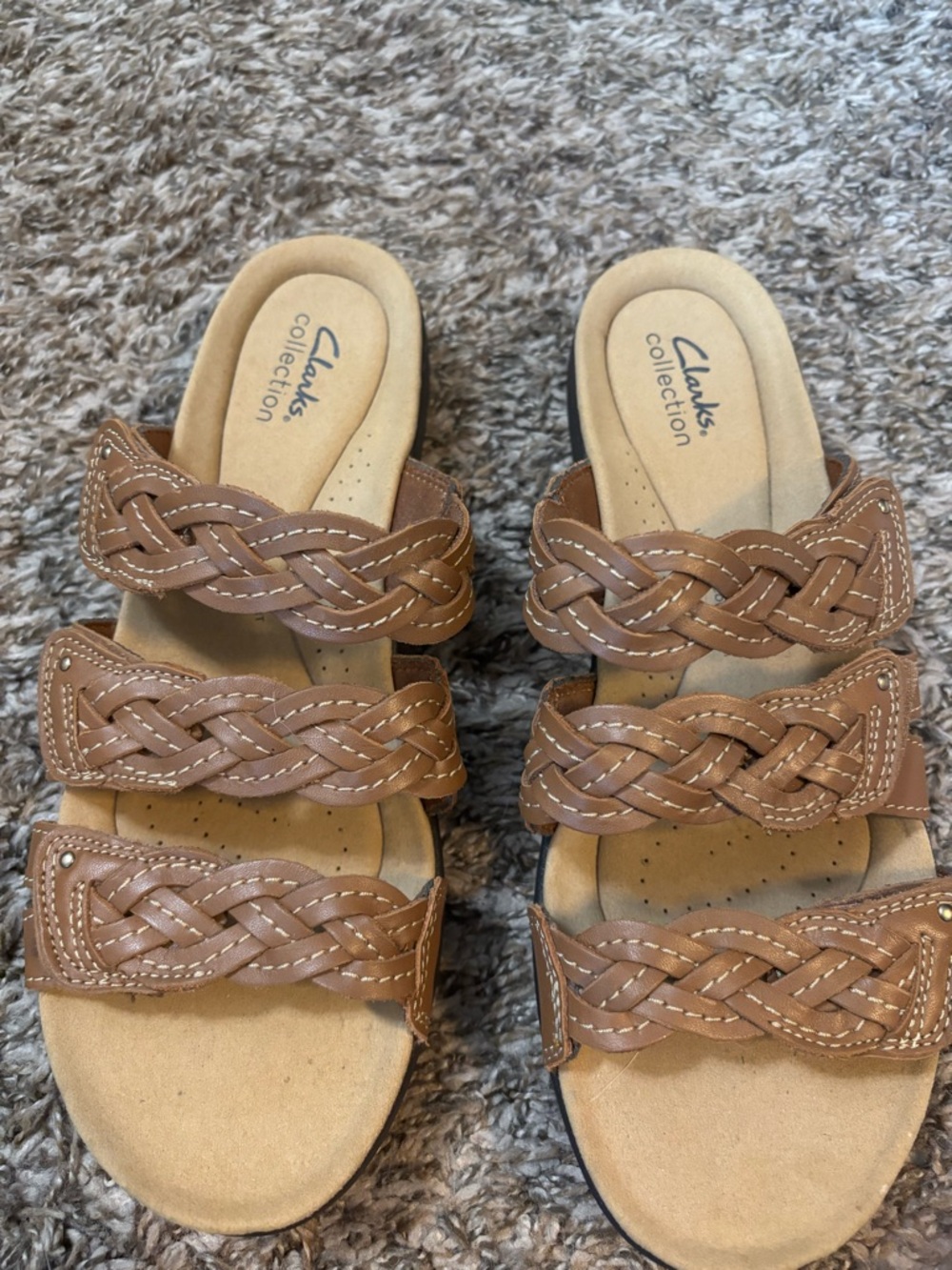 Clarks Brown Braided Triple-Strap Slide Sandals